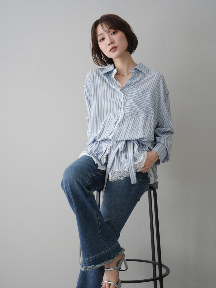 [SET]レース付ストライプウエストギャザーシャツ+フリンジデザインセミフレアデニム(2set)
