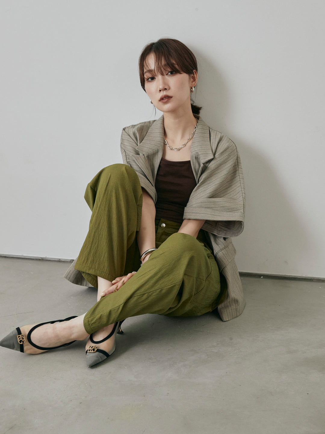 [予約]バックオーガンジーヘリンボーンストライプハーフジャケット/グレージュ