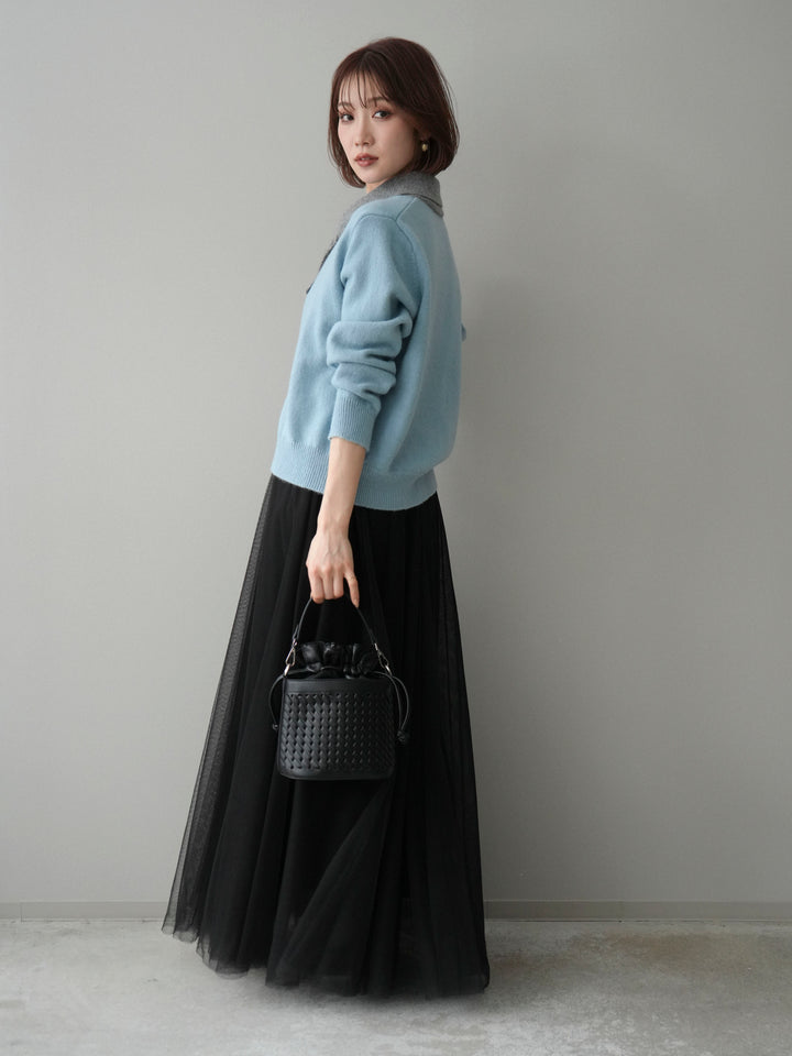 [SET]デザイン襟ニットカーディガン+チュールボリュームスカート(2set)