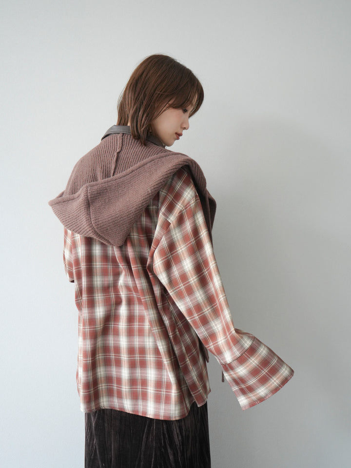 [SET]レザー襟オンブレチェックオーバーシャツ +クラッシュベロアナロースカート(2set)