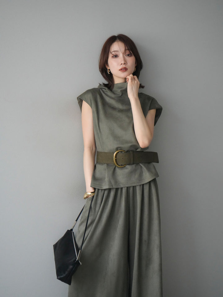 [SET]ベルト付スエードハイネックプルオーバー＆ワイドパンツSET UP