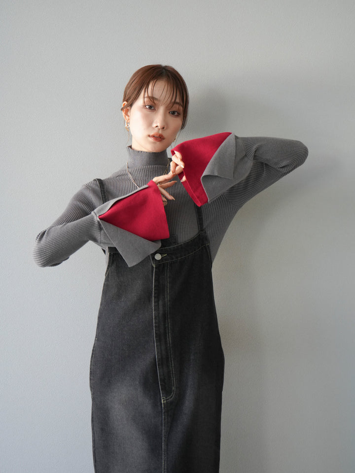 [予約]レイヤードフレアスリーブハイネックニットトップス/グレー