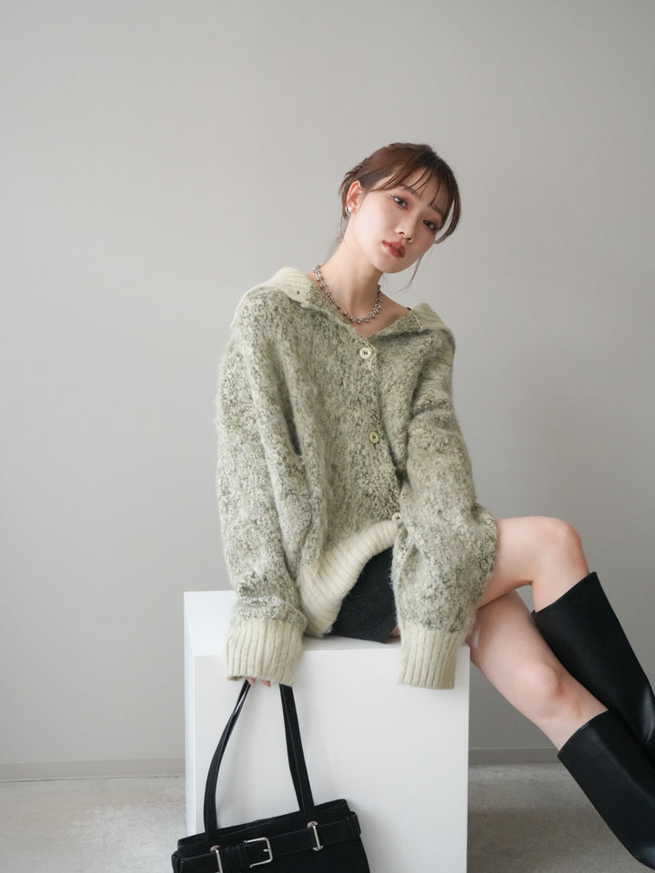 [予約]リブ切替メランジニットカーディガン/green