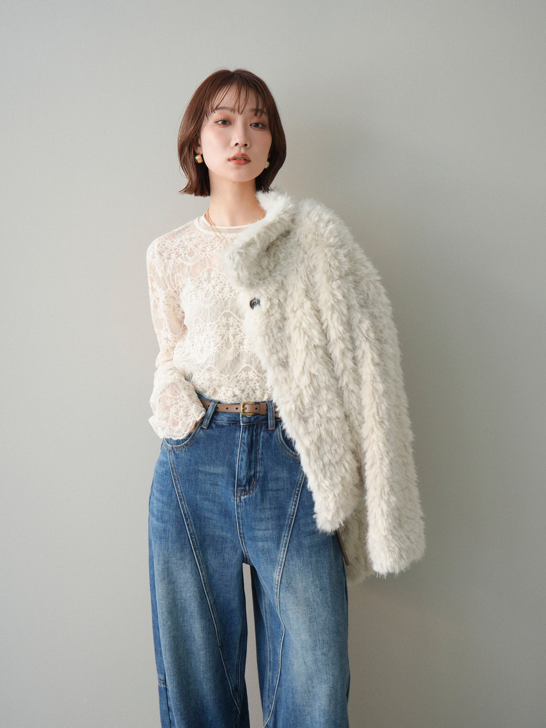 [SET]フェイクファー襟付きショートブルゾン+選べるアクセセット(2set)