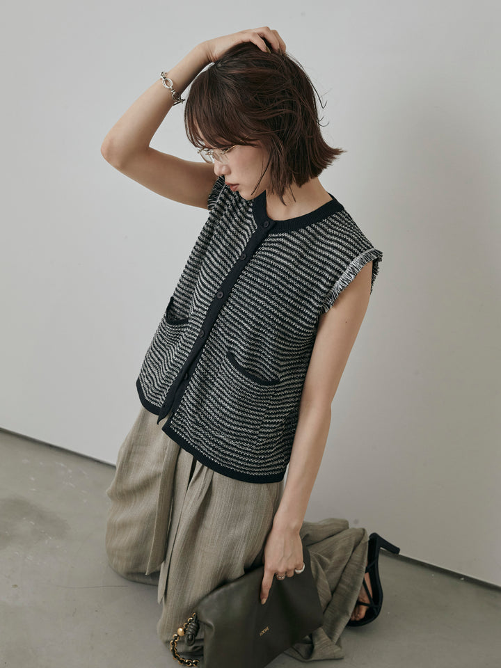 [予約]ボーダー袖フリンジニットベスト/ブラック