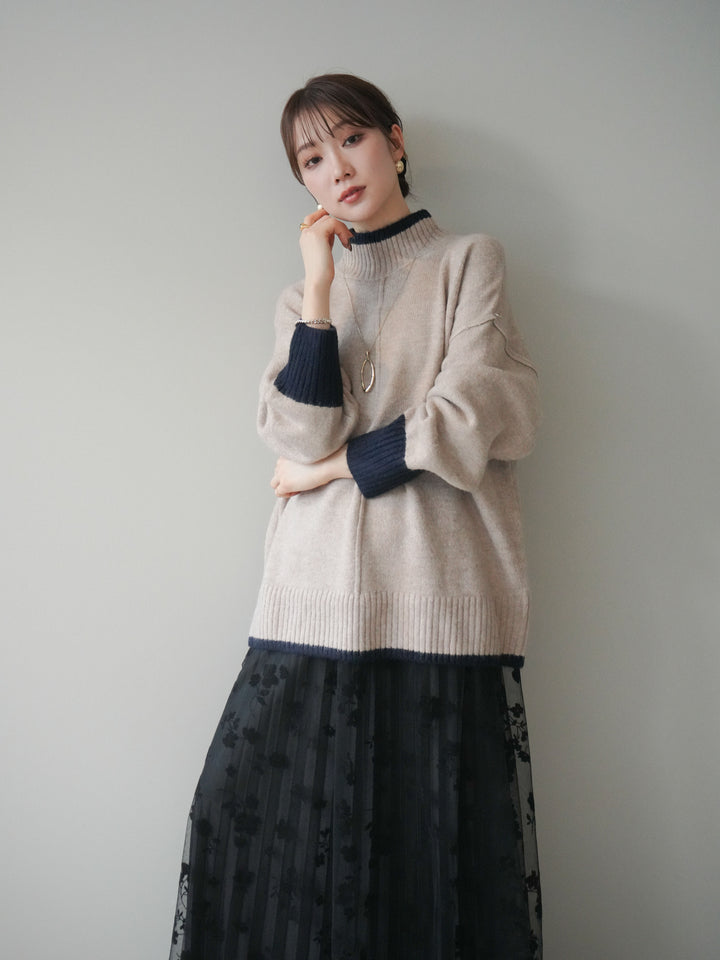 [SET]配色ハイネックニットプルオーバー+フラワーフロッキーチュールプリーツスカート(2set)