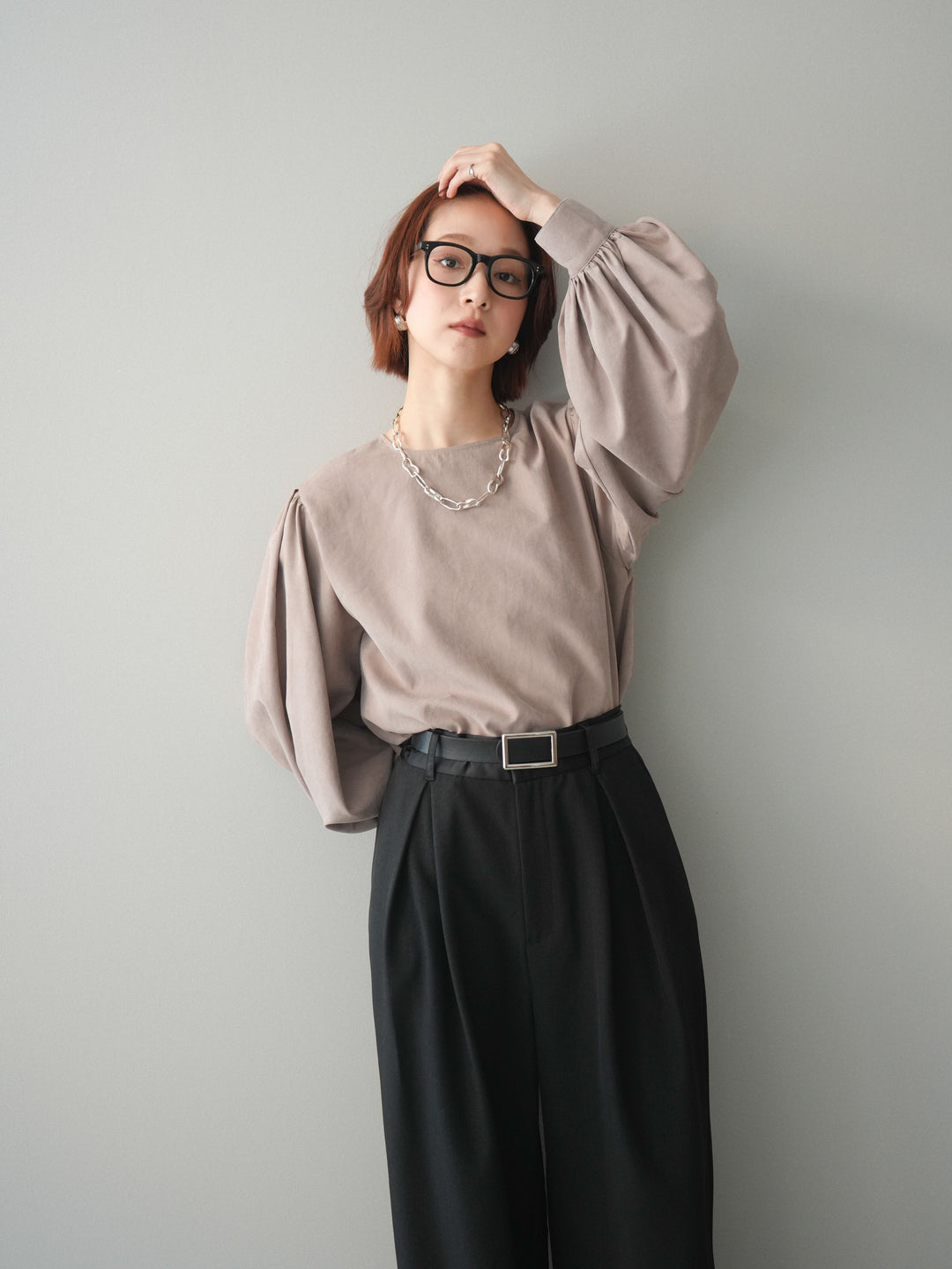 [予約]2WAYピーチスキンボリュームスリーブブラウス/mocha