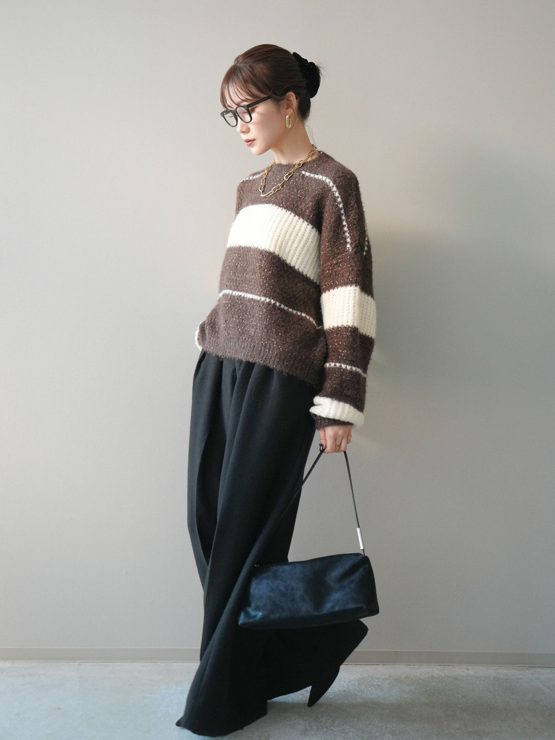 [SET]ネップヤーンボーダーニットプルオーバー+ウールタッチベルト付ワイドパンツ(2set)