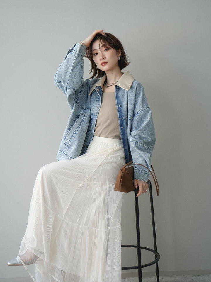 [SET]配色襟レザーデニムブルゾン+ラメプリーツレイヤードチュールロングスカート(2set)