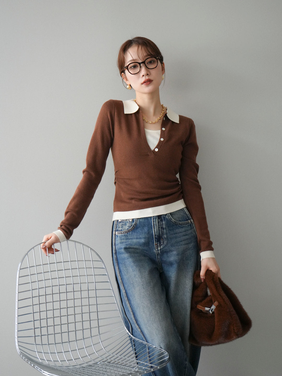 [予約]レイヤード配色ポロニットトップス/brown