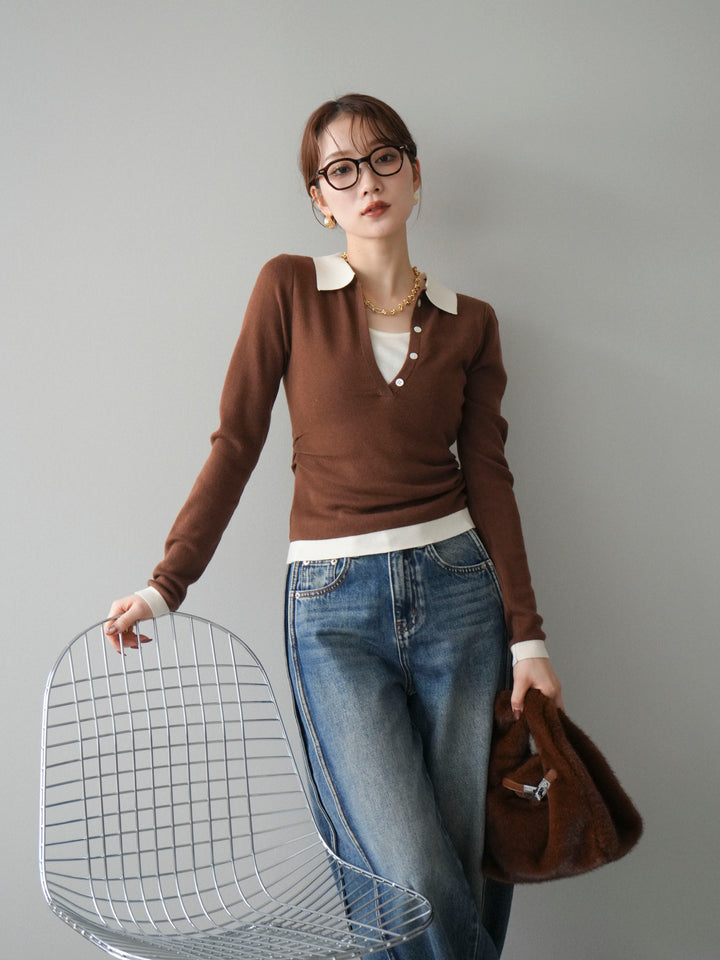 [予約]レイヤード配色ポロニットトップス/brown
