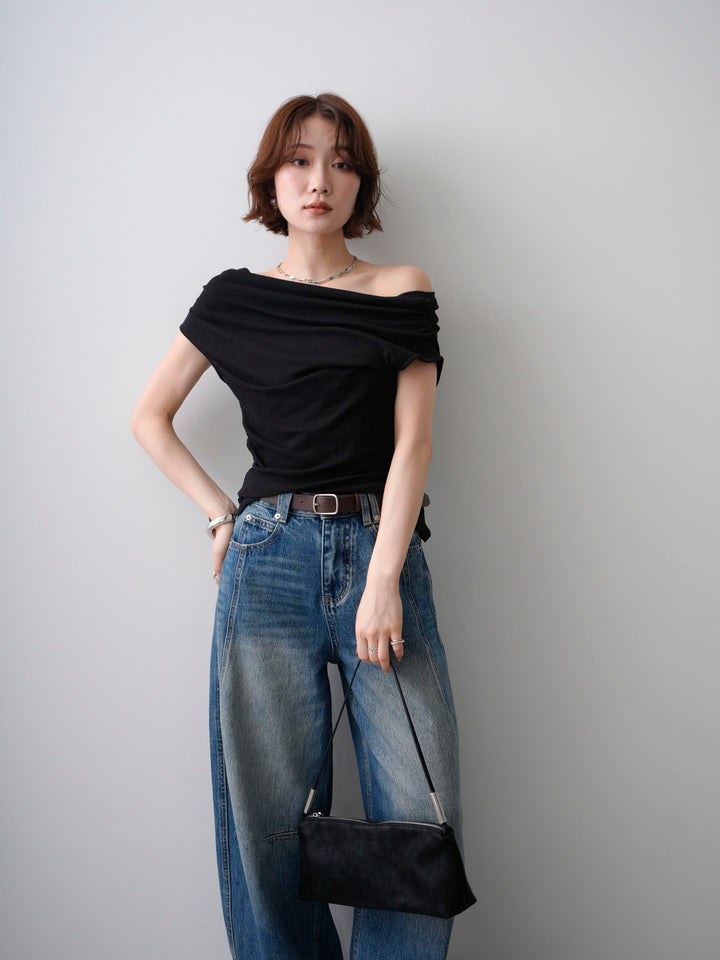 [予約]アシメサイドギャザーホルターノースリトップス/black