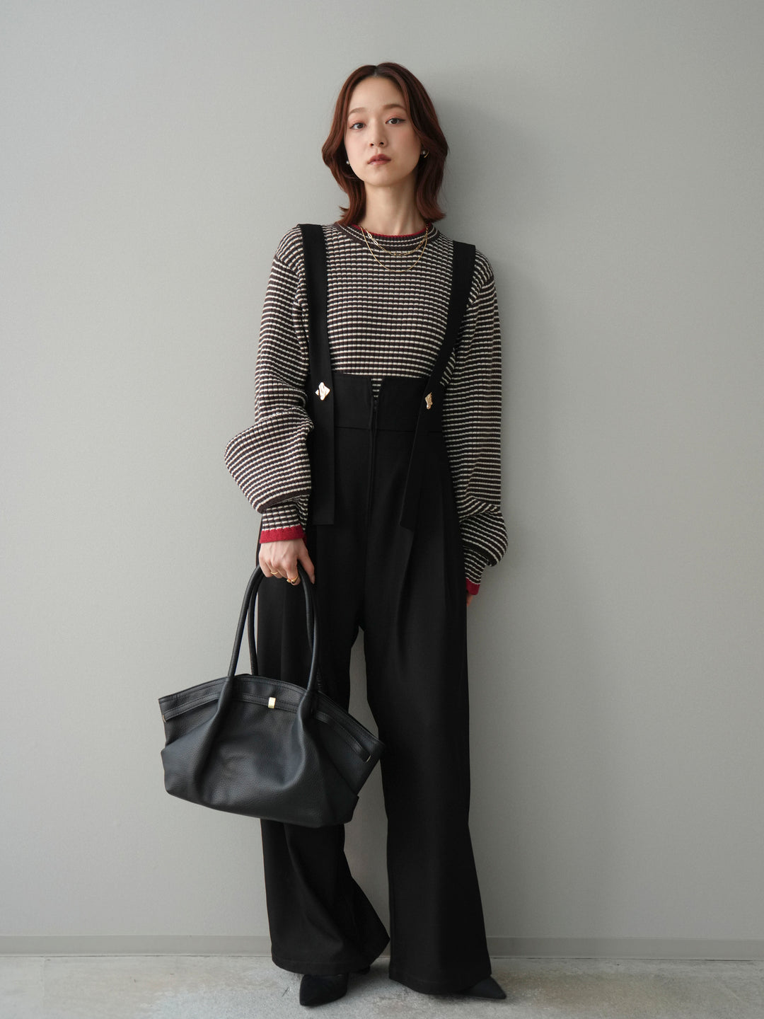 [SET]ラメ異素材ボーダーリブニットプルオーバー+ゴールドボタンサスペンダーワイドパンツ(2set)