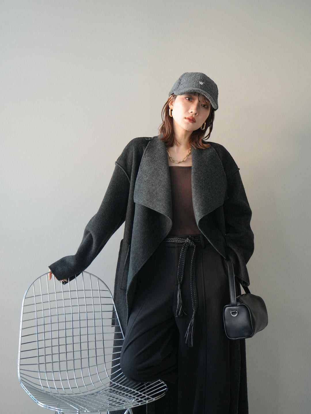 [予約]ダブルフェイスバイカラーロングコート/charcoal