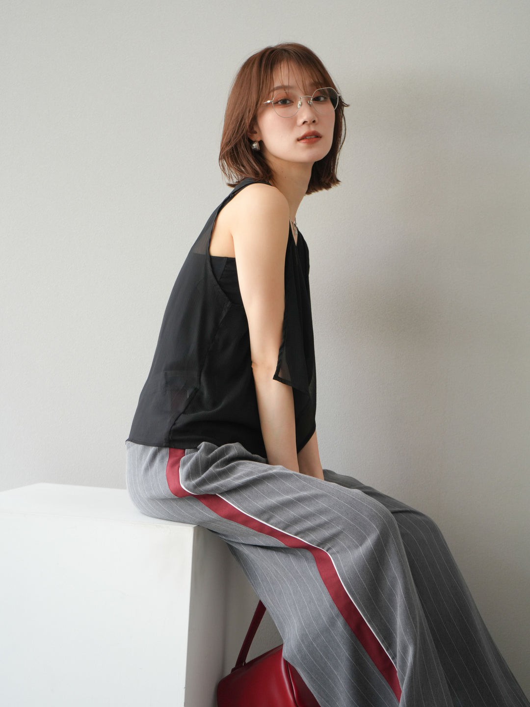 [予約]サイドラインストライプワイドパンツ/グレー