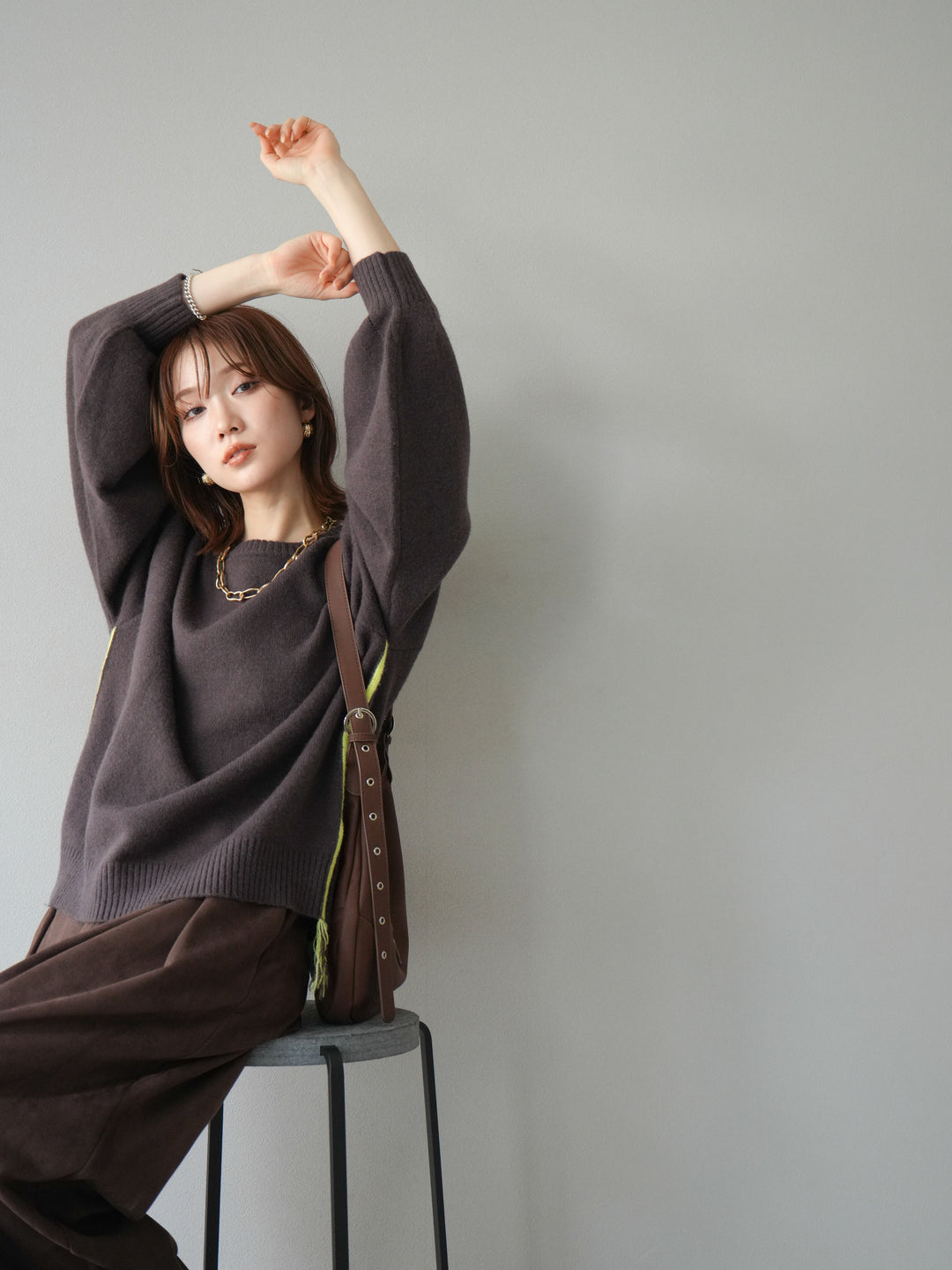 [SET]配色ステッチフリンジニットプルオーバー +スウェードタックワイドパンツ(2set)