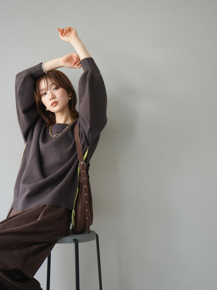 [SET]配色ステッチフリンジニットプルオーバー +スウェードタックワイドパンツ(2set)