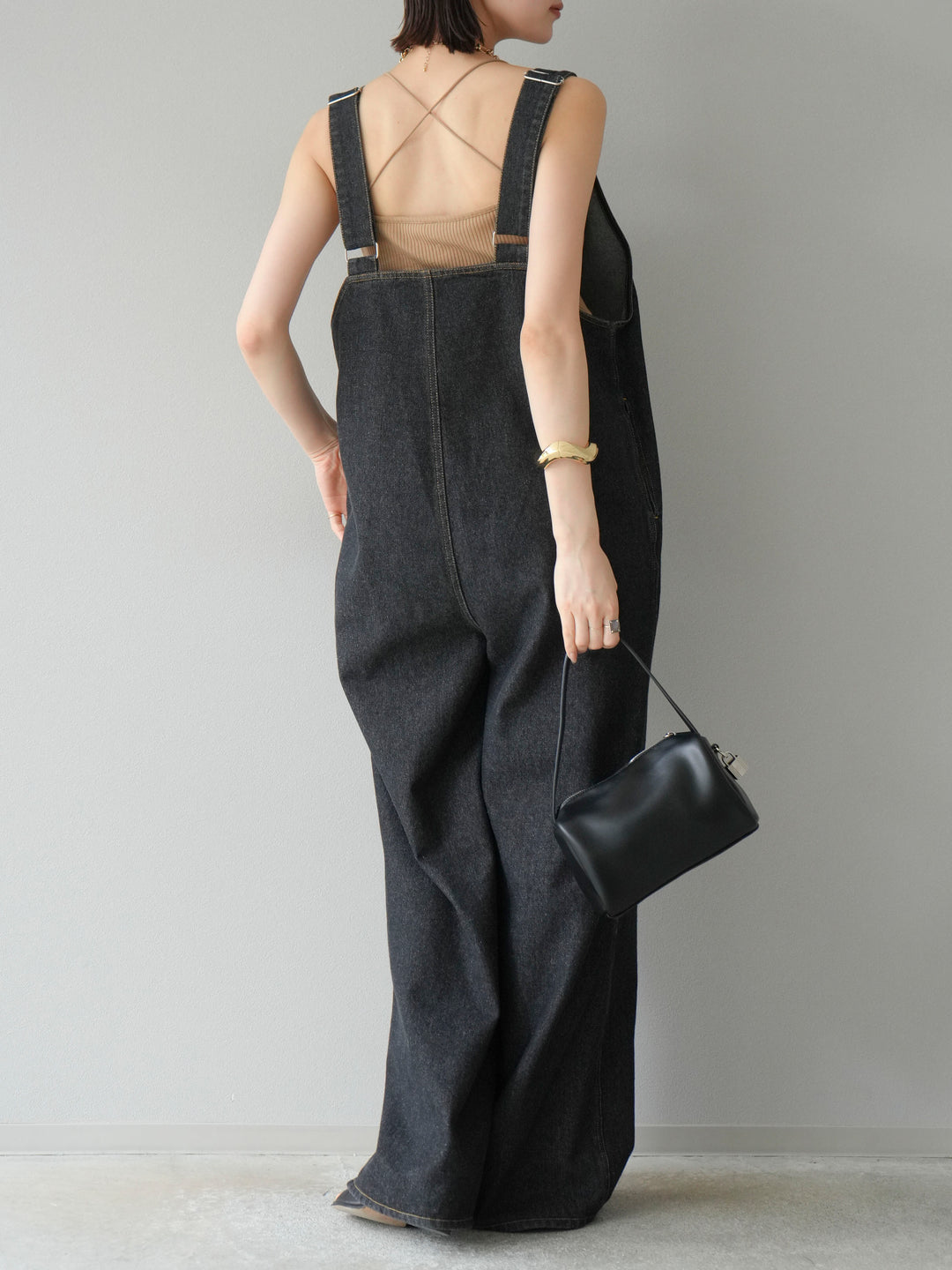 [予約]フロントZIP Vネックデニムサロペット/ブラック