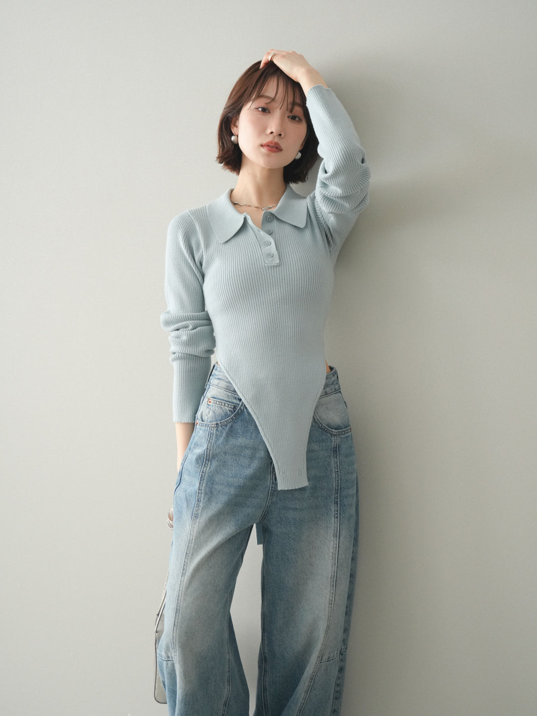 [予約]リブポロニットボディスーツ/blue