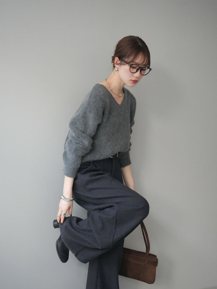 [SET]シュシュ付きアンゴラタッチVネックニットプルオーバー+選べるアクセセット(2set)