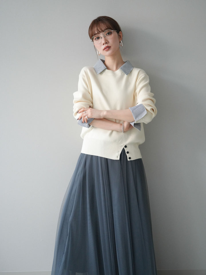 [SET]シャツドッキングデザイン裾ボタンニットプルオーバー+チュールボリュームスカート(2set)