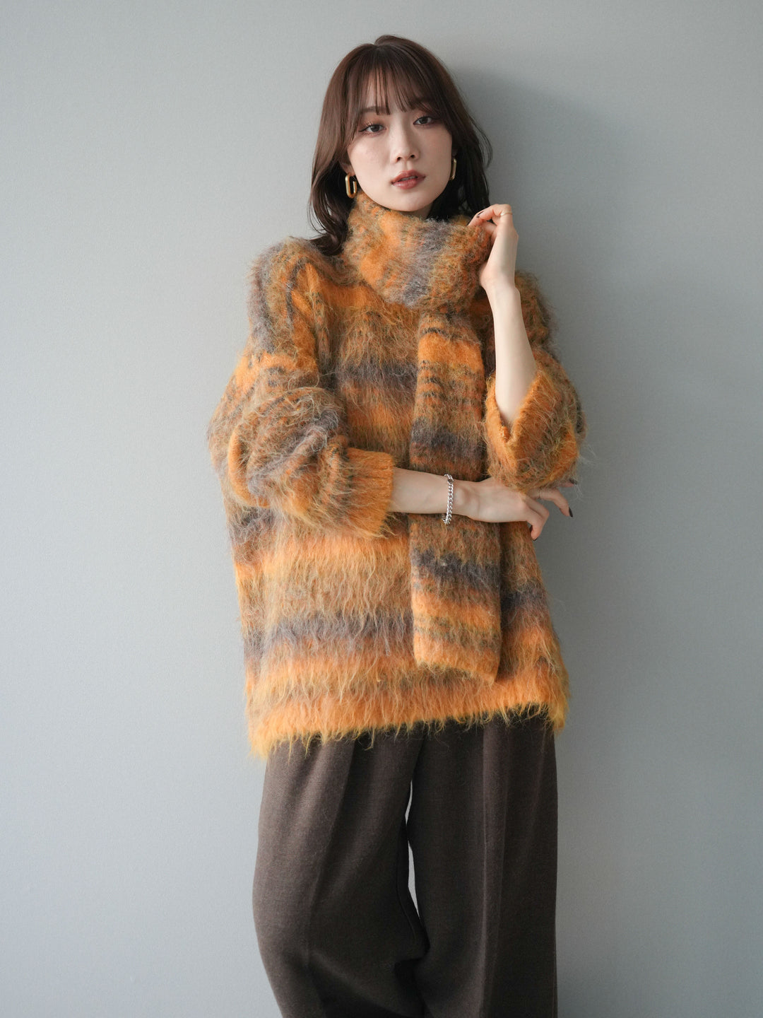 [予約]ストール付シャギーマルチボーダーニットプルオーバー/yellow