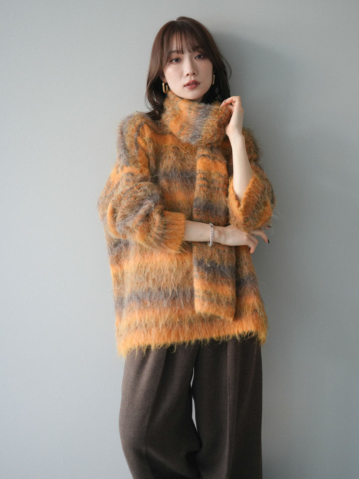 [予約]ストール付シャギーマルチボーダーニットプルオーバー/yellow