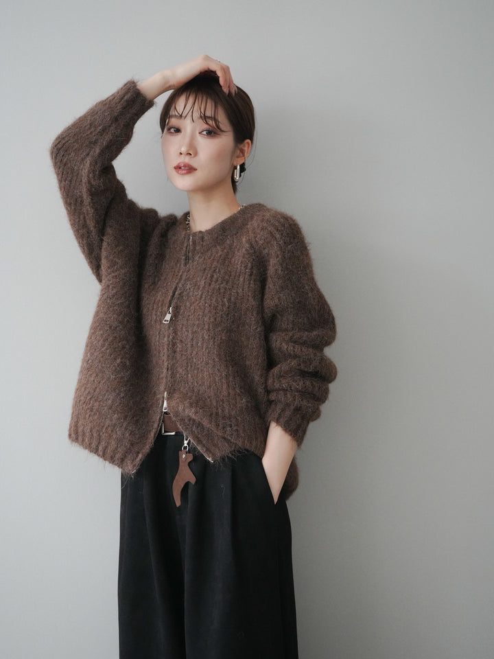 [予約]MIXヤーンモヘアタッチZIPニットカーディガン/brown