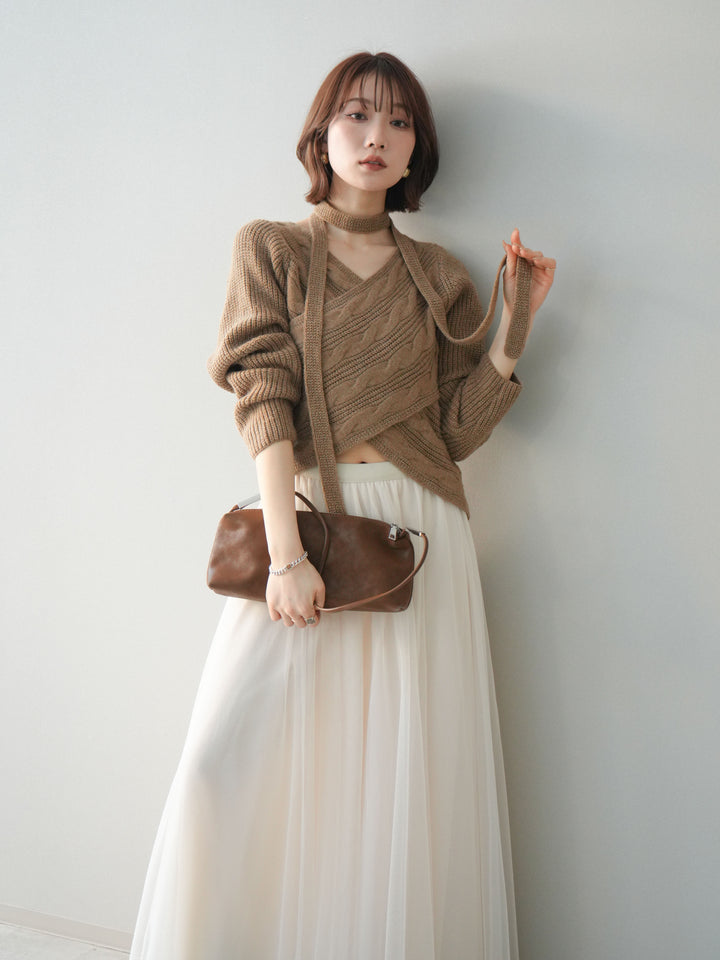 [予約]ケーブル編みクロスニットトップス/camel
