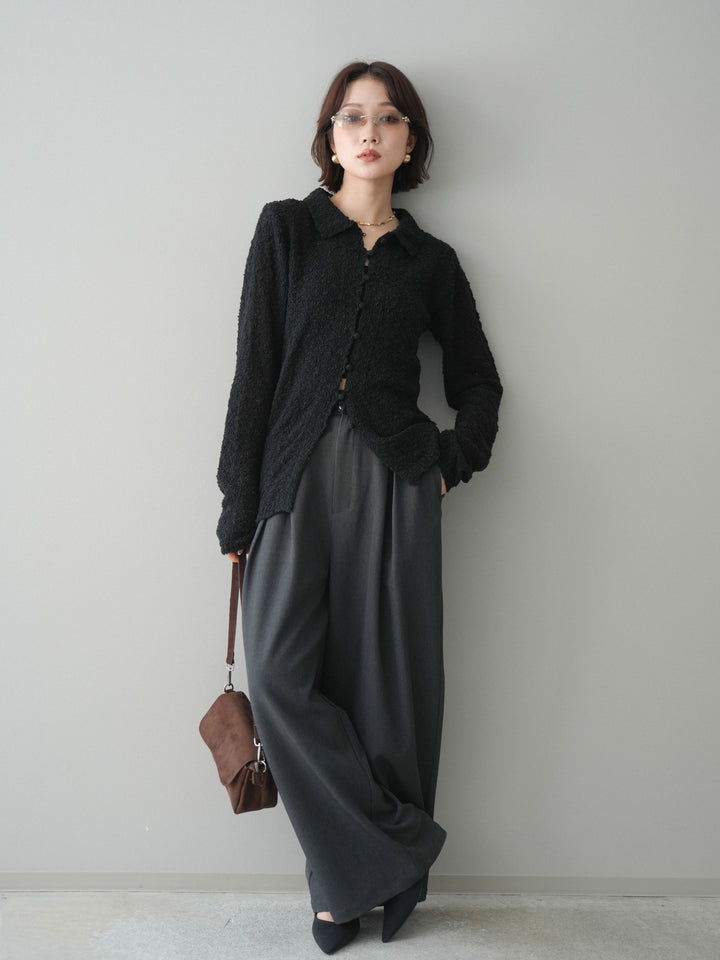 [SET]透かし編みブークレポロニットトップス+サテンベルトタックワイドパンツ(2set)