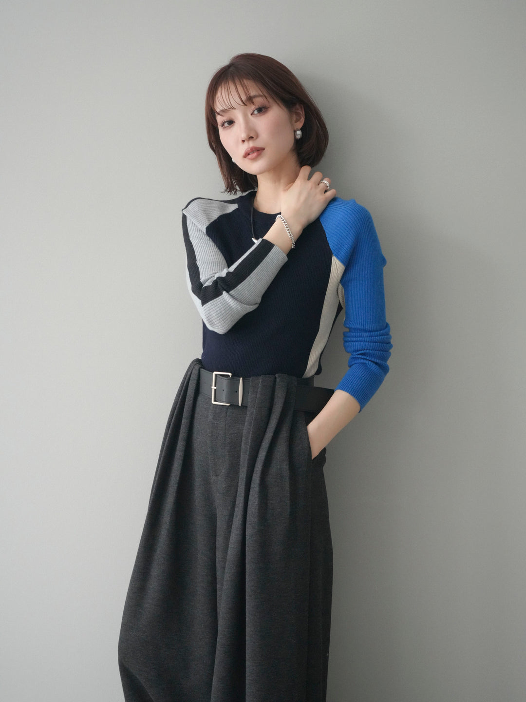 [SET]バイカラーラグランニットトップス+選べるアクセセット(2set)