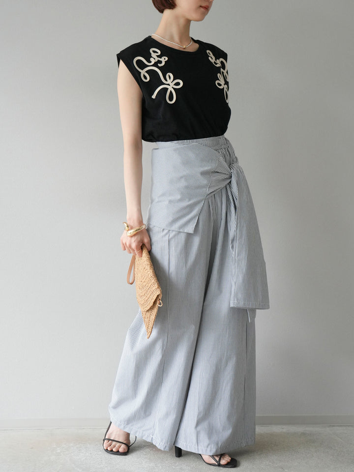 [SET]コード刺繍フレンチスリーブTシャツ+ウエスト巻きストライプイージーパンツ(2set)