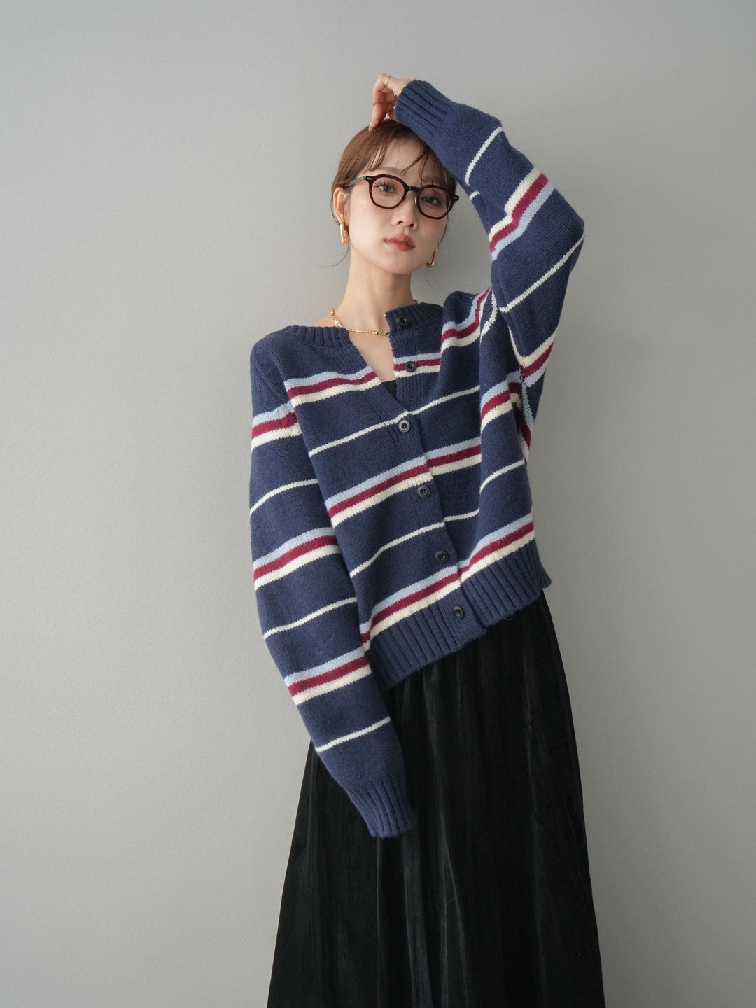 [予約]ランダムボーダーニットカーディガン/navy