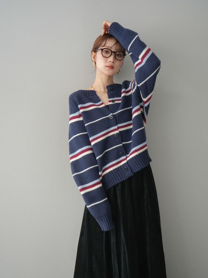 [予約]ランダムボーダーニットカーディガン/navy