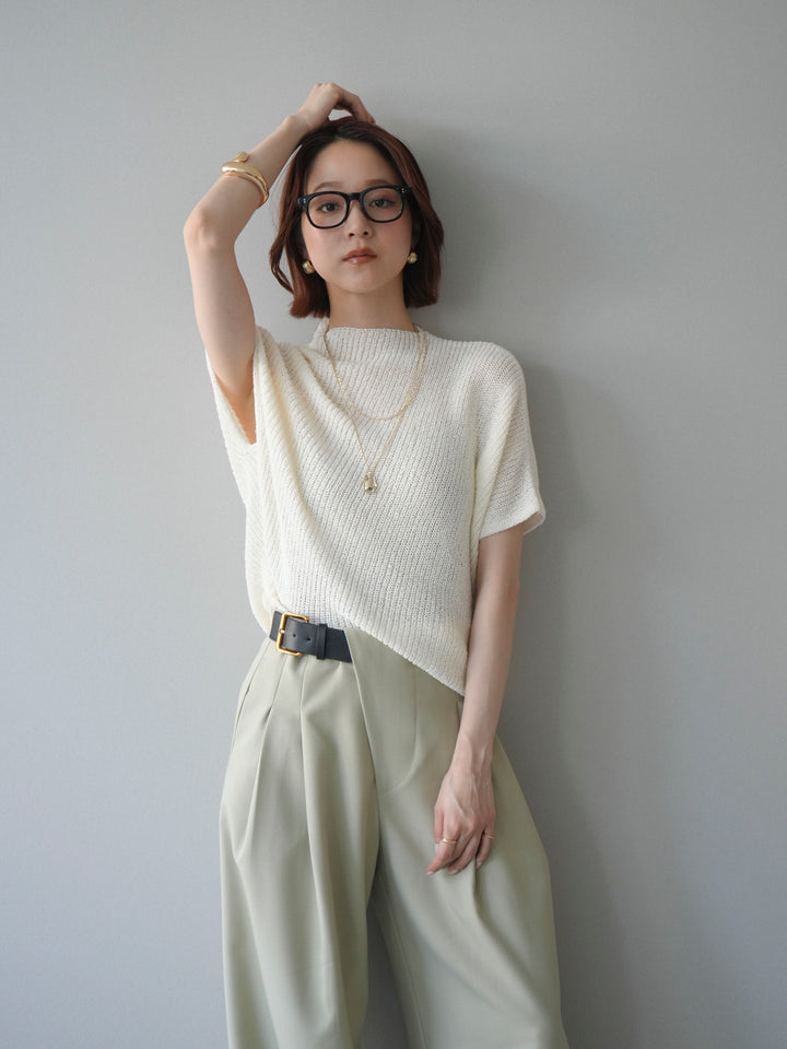 [SET]アシンメトリーローゲージニットトップス+アシンメトリーベルトタックワイドパンツ(2set)