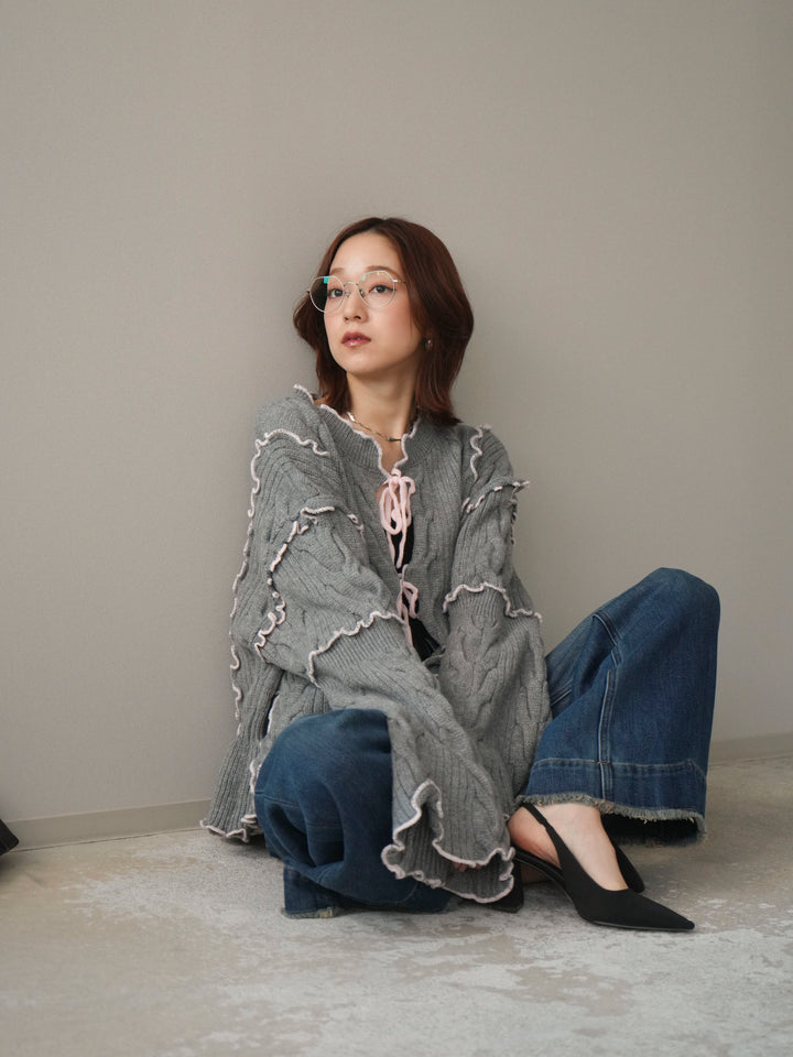 [SET]フロントリボン配色メローニットカーディガン+裏起毛裾フリンジワイドデニムパンツ(2set)