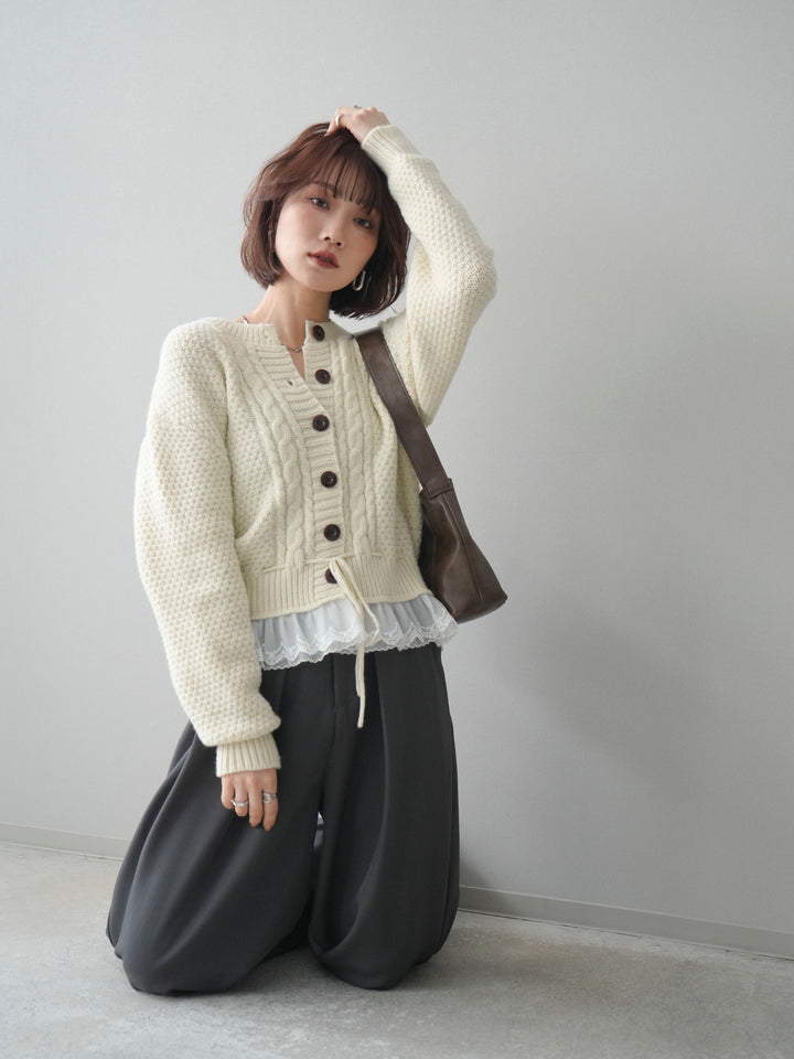 [SET]裾レースケーブルニットカーディガン+ベルトループデザインワイドパンツ(2set)
