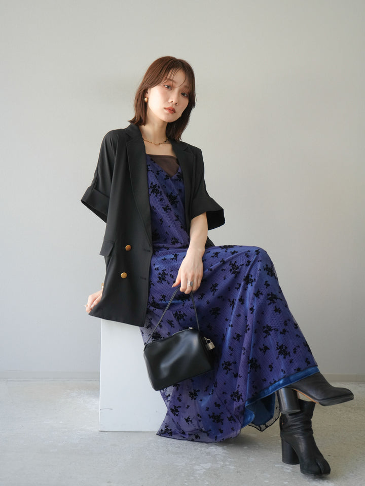 [套裝] 植絨薄紗層疊天鵝絨吊帶連身裙 + 金色紐帶半夾克 (2 套)