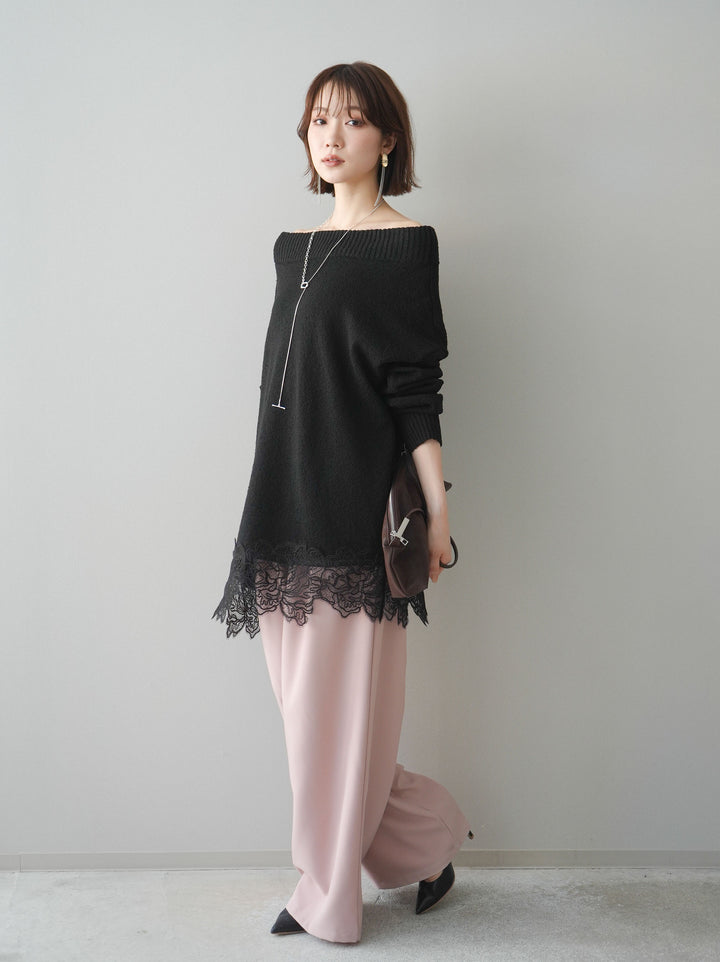 [SET]アシンメトリーレースヘムニットプルオーバー+ベルト付キーホルダーモチーフワイドパンツ(2set)