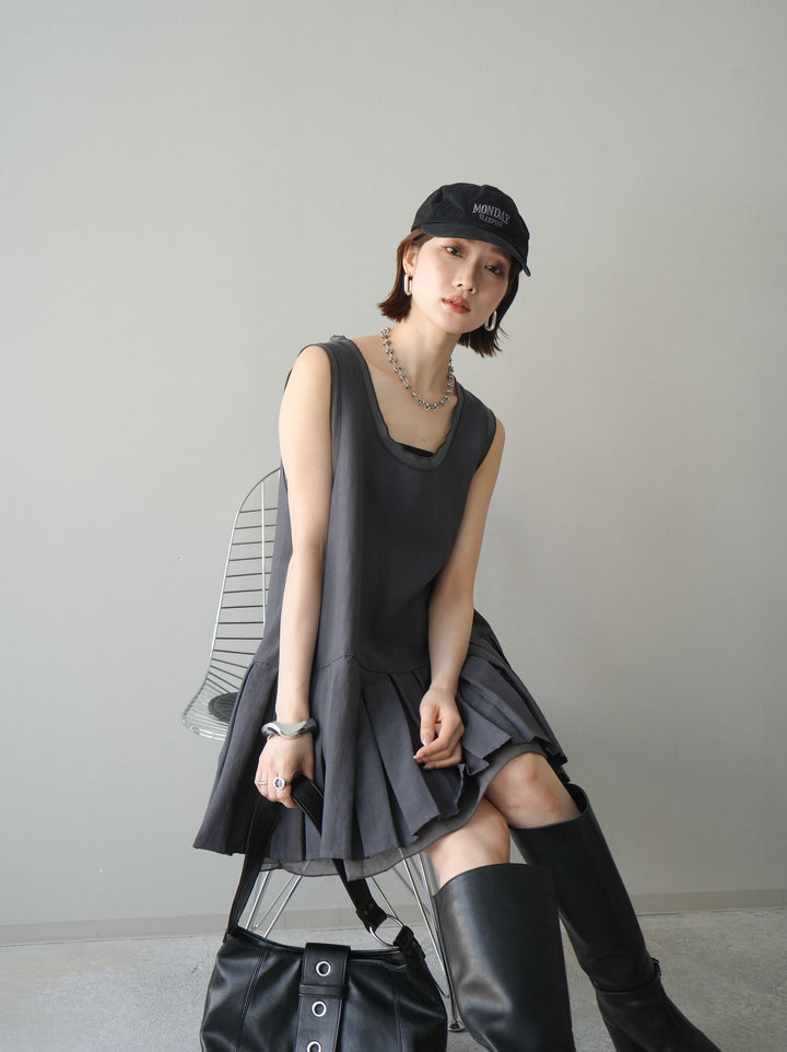 [予約]チュールドッキング裾プリーツミニワンピース/charcoal