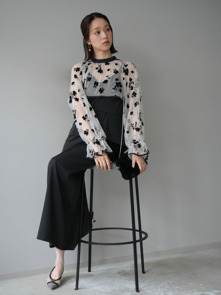 [予約]チュールフラワーフロッキーショートブラウス/ホワイト