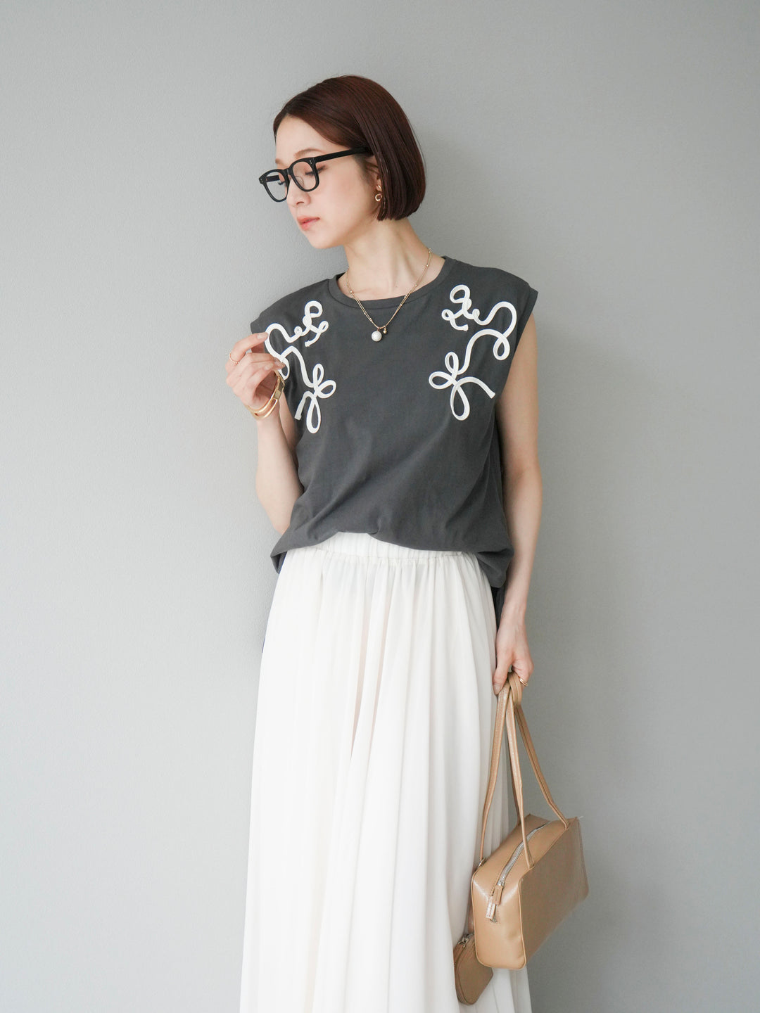 [SET] 繩繡法式袖T卹+雪紡喇叭裙（2件組）
