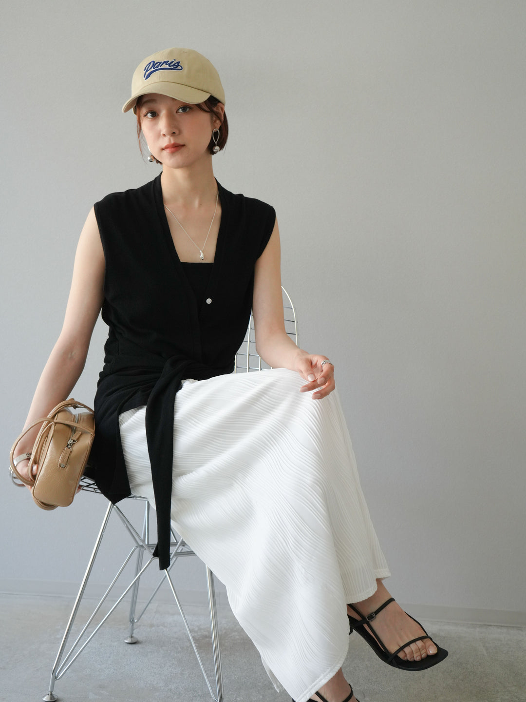 [SET]腰巻きデザインノースリーブニットカーディガン+ウェーブパイピングタイトスカート(2set)