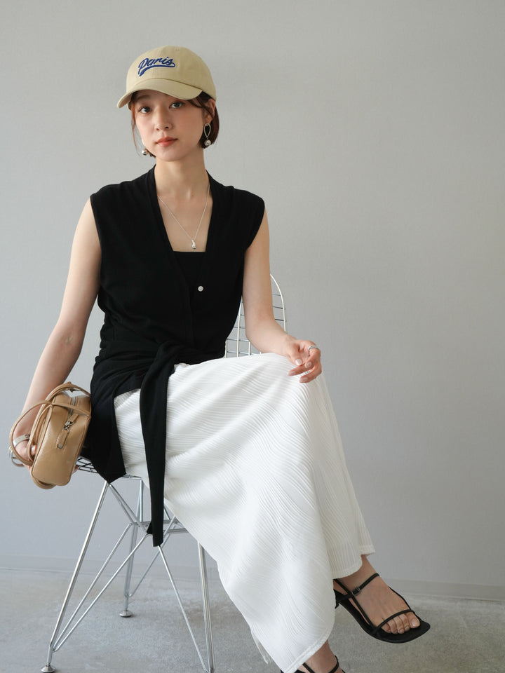 [SET]腰巻きデザインノースリーブニットカーディガン+ウェーブパイピングタイトスカート(2set)