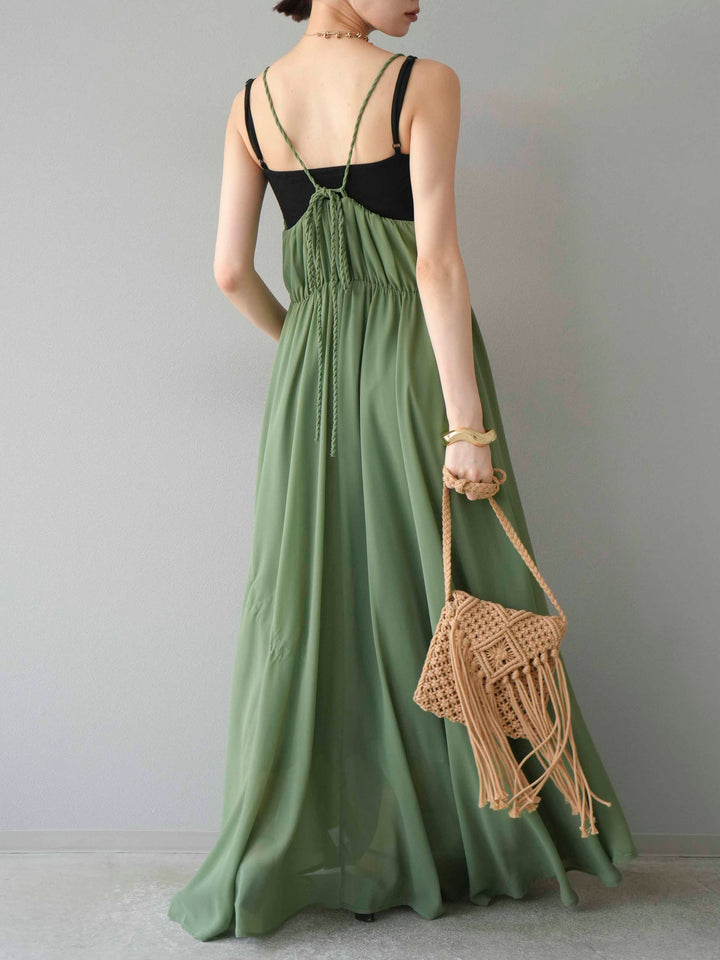 [予約]編み込みデザインシフォンワンピース/グリーン