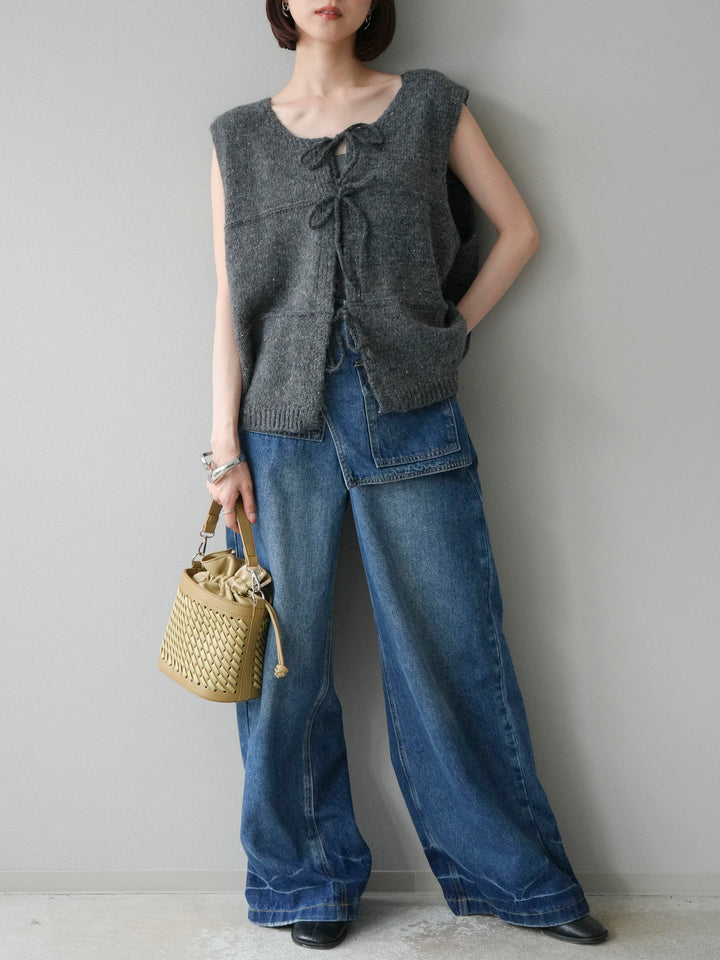 [予約]フロントスリットリボンニットベスト/グレー