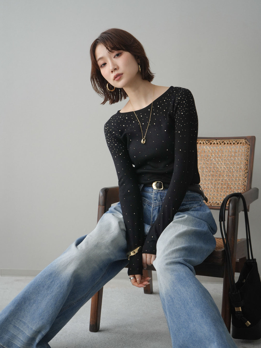 [SET]スパンコールシアーニットトップス+選べるアクセセット(2set)