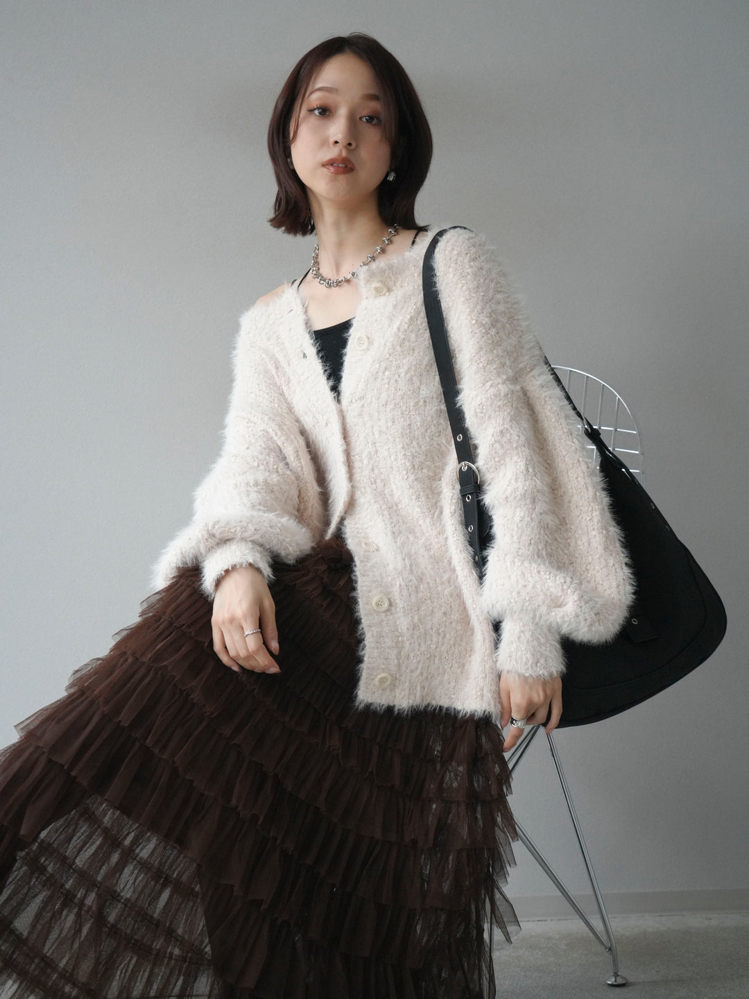 [預購] 圓領隨機毛絨開襟衫/本色