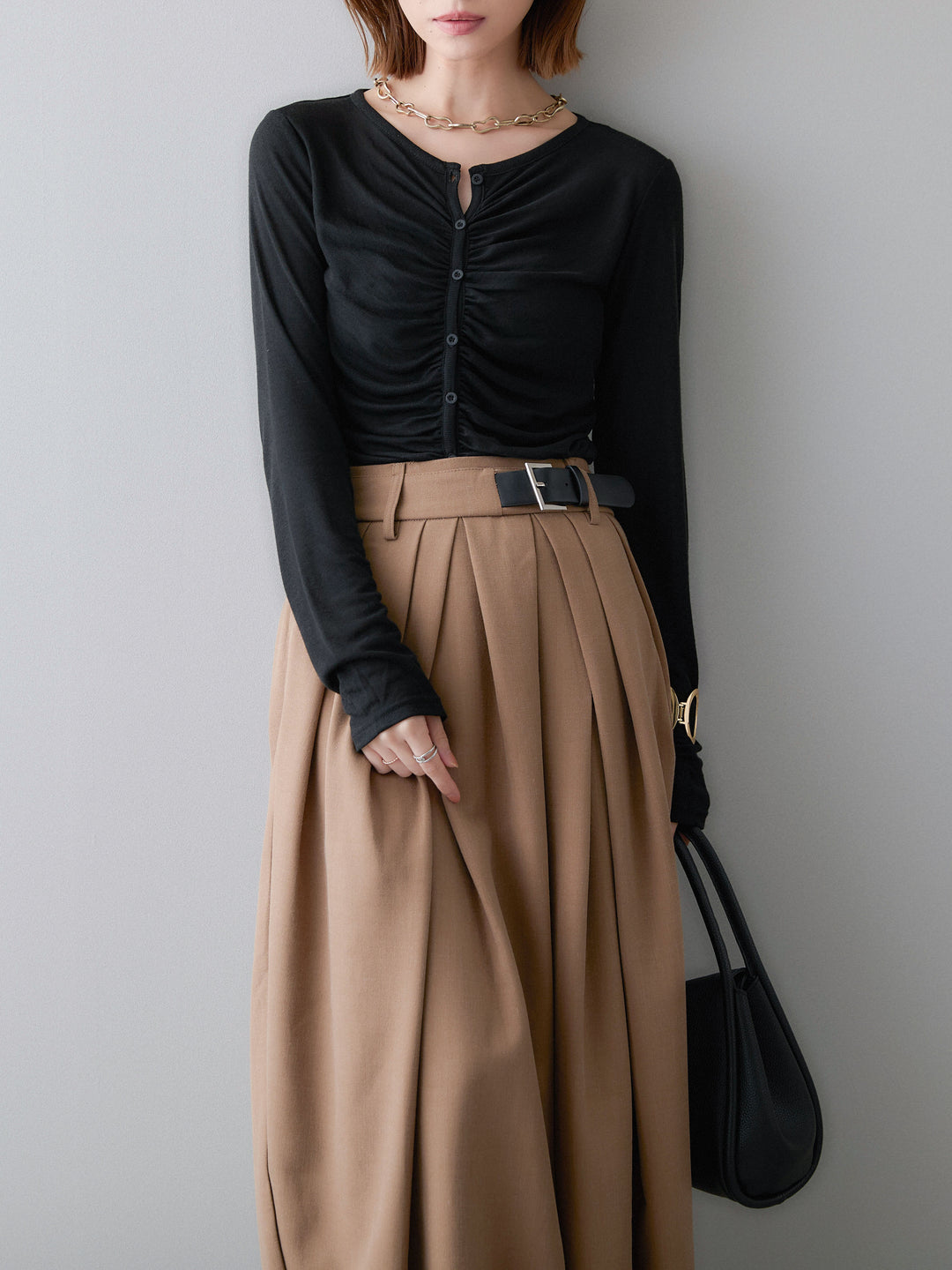 【套裝】透視羅紋針織褶皺開衫+內置胸罩羅紋抹胸吊帶衫+不對稱腰帶設計燈籠裙（三件套）