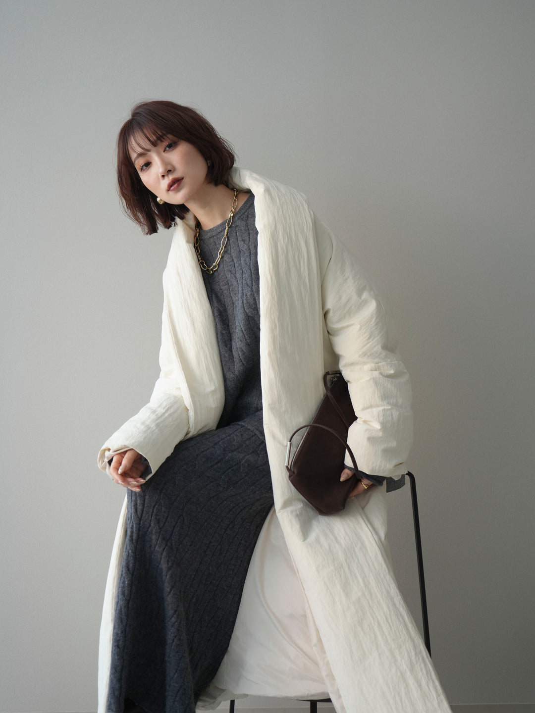 [SET]ストール付ケーブルニットプルオーバー&ロングスカートSET UP+ロングダウンコート(2set)